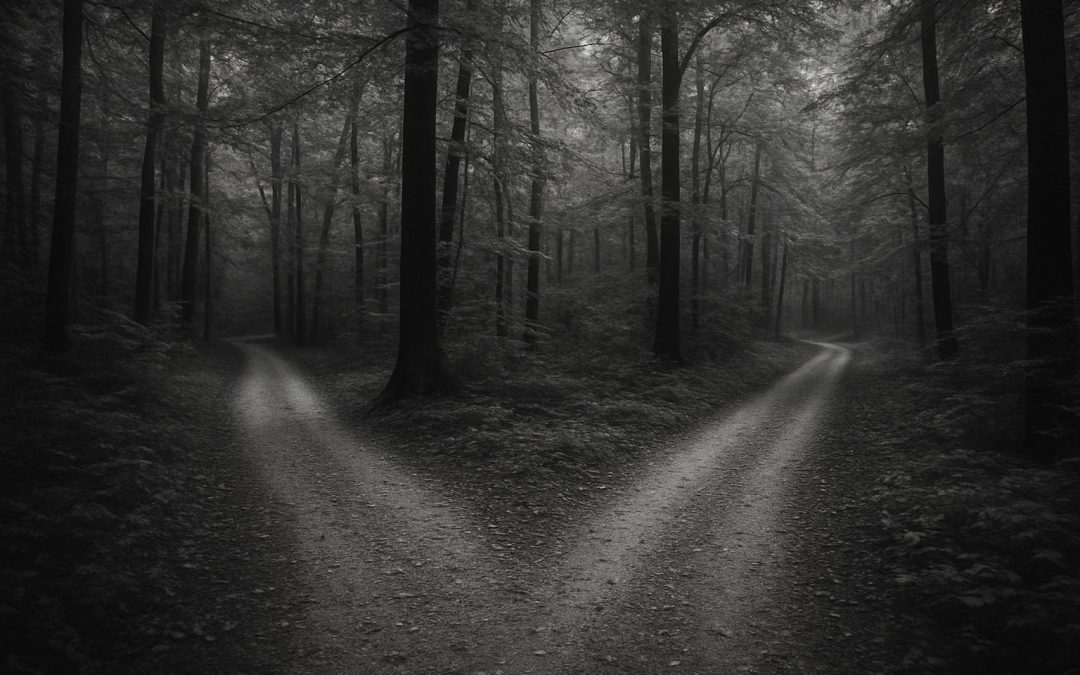 Chemin forestier se divisant en deux voies – métaphore des deux modèles d’attachement
