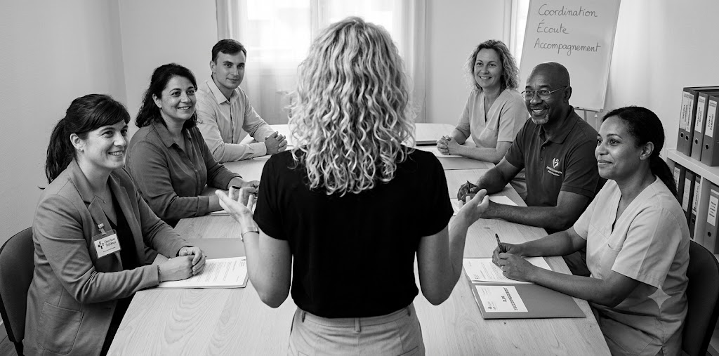 Photographie en noir et blanc d'une réunion d'équipe dans le secteur médico-social, illustrant une manager à la posture sécure (modèle DMM de Crittenden) échangeant avec ses collaborateurs.